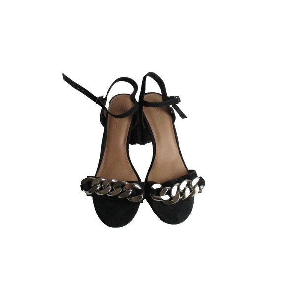 *ASOS Black Suede Sandal Ankle Strap Block 4" Heel Chunky Silver Chain Accent - Picture 3 of 8